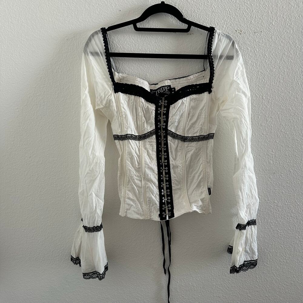 Tripp NYC Gothic Punk Corset Long Sleeve Contrast Black Trim Lace Up Top